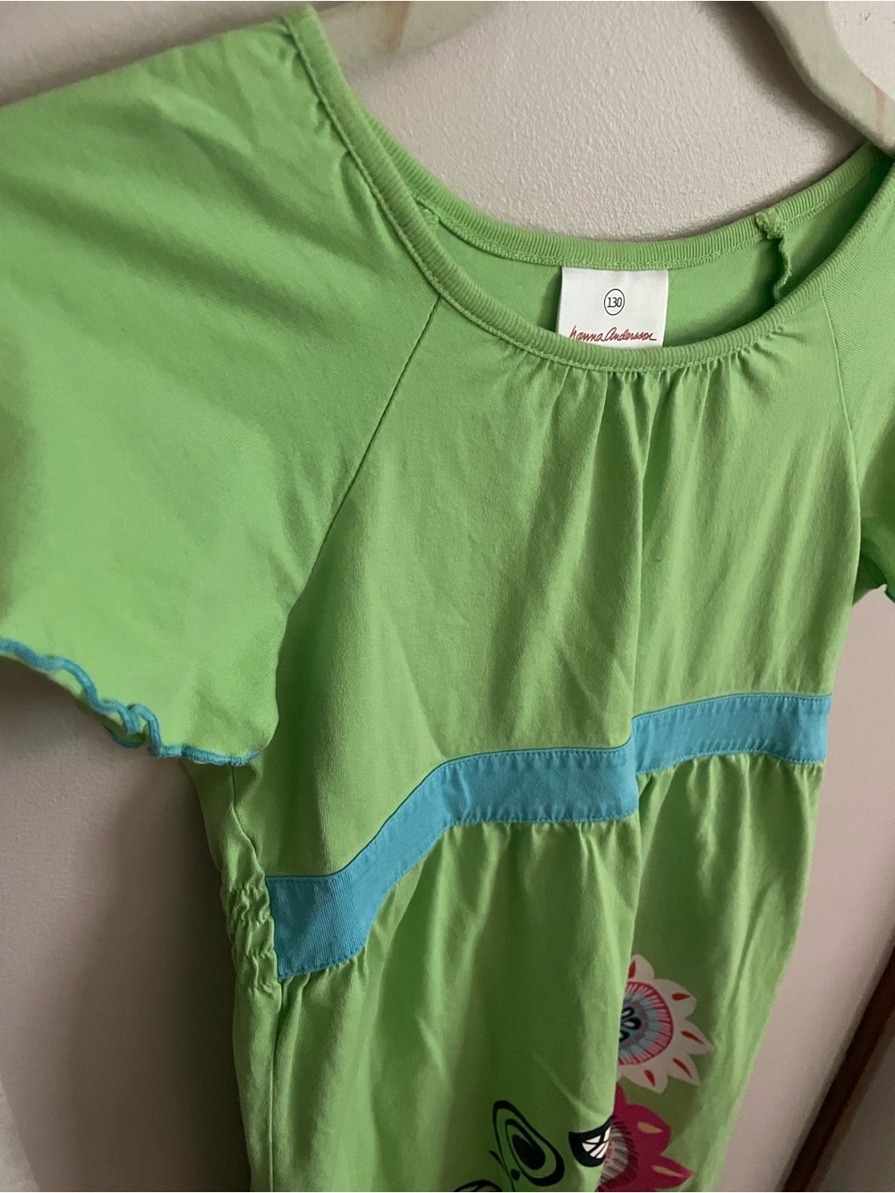 Hanna Andersson Lime Green Knit Dress with Blue Waistband and Floral Print - Picture 4 of 6